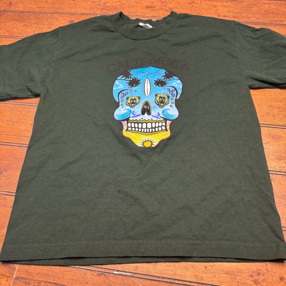 California Sugar Skull Graphic T-Shirt Mens Large‎ Forest Green Surf Bear Cotton